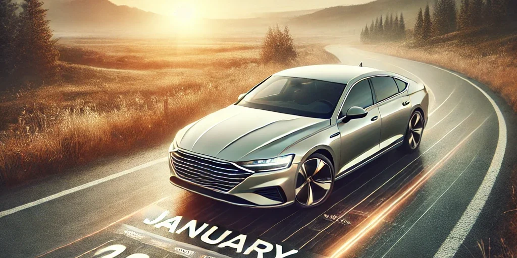 DALL·E 2025-01-08 10.46.27 - A realistic image symbolizing the start of a new year with a modern car in the foreground. The car is clean and shiny, parked on a scenic open road wi